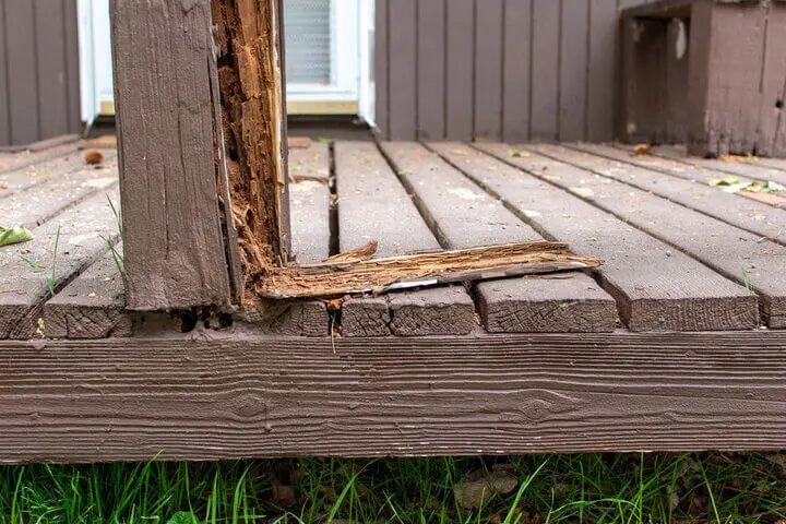 Rotting and water-damaged deck boards showing why homeowners should know how often to stain a deck in Renton.